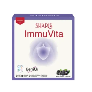 Front of a purple box labeled ImmuVita with a shield graphic and berry flavor image on the bottom right.