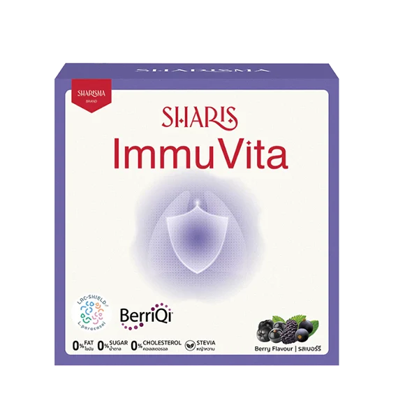 Front of a purple box labeled ImmuVita with a shield graphic and berry flavor image on the bottom right.